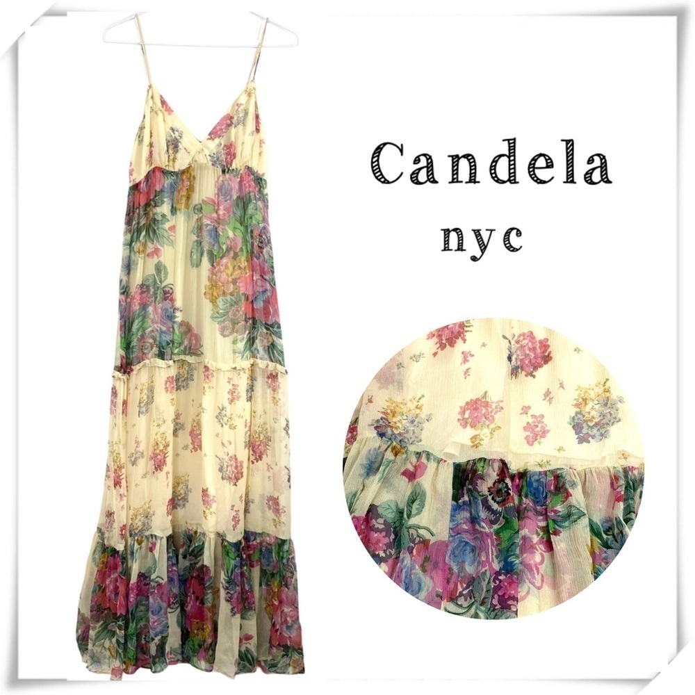 CANDELA NYC Floral 100% Silk Chiffon Tiered Maxi Dress in Cream Ivory